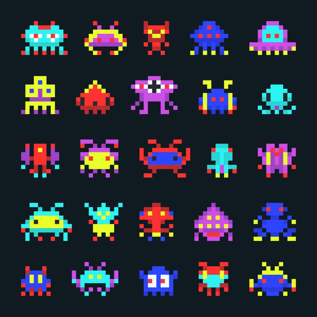 Pixelgrafiken von vielen Charakteren des Spiels "Space Invaders", die nebeneinander angeordnet sind.