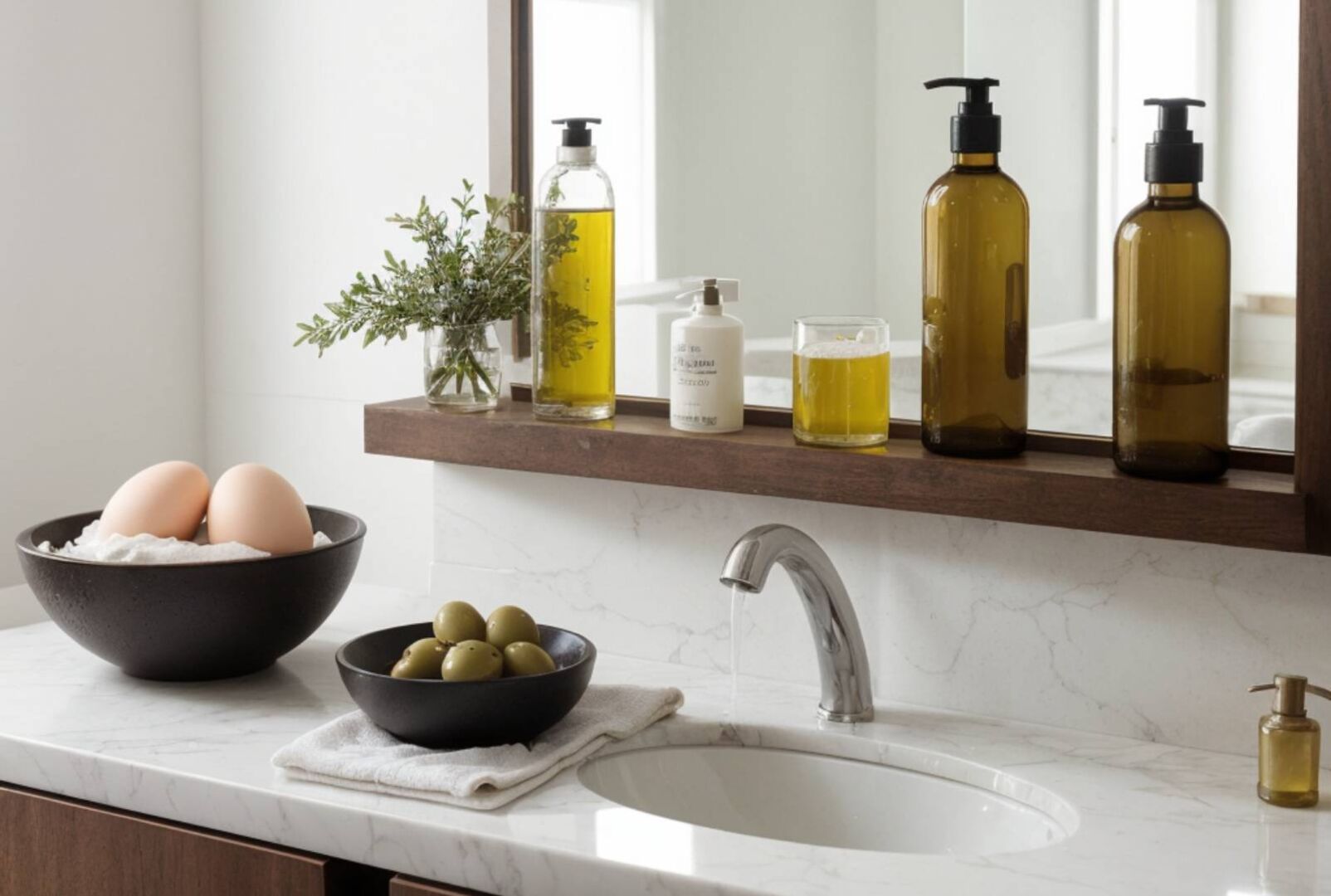 Darstellung eines Badezimmers mit Waschbecken und dekorierten Flaschen mit Bier und Olivenöl. Auf dem Regal steht ein Körbchen mit frischen Eiern.