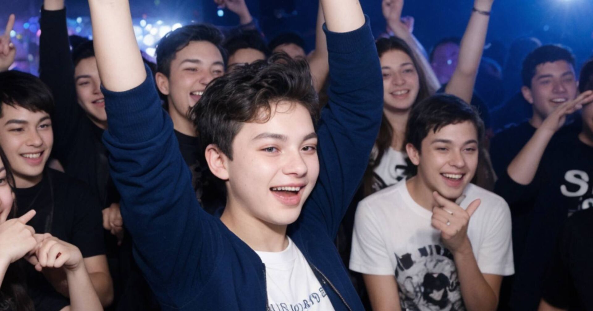 Junge mit aufgeweckten Gesichtsausdruck, der zusammen mit Freunden in einem Club tanzt