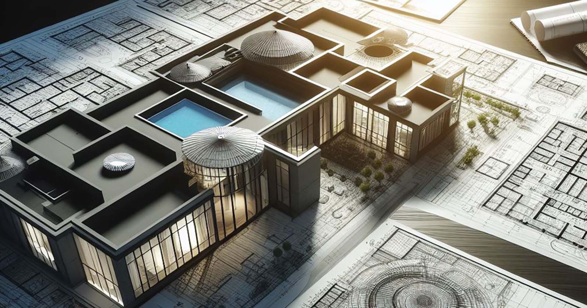 Modell eines Gebäudes auf einem gezeichneten Plan