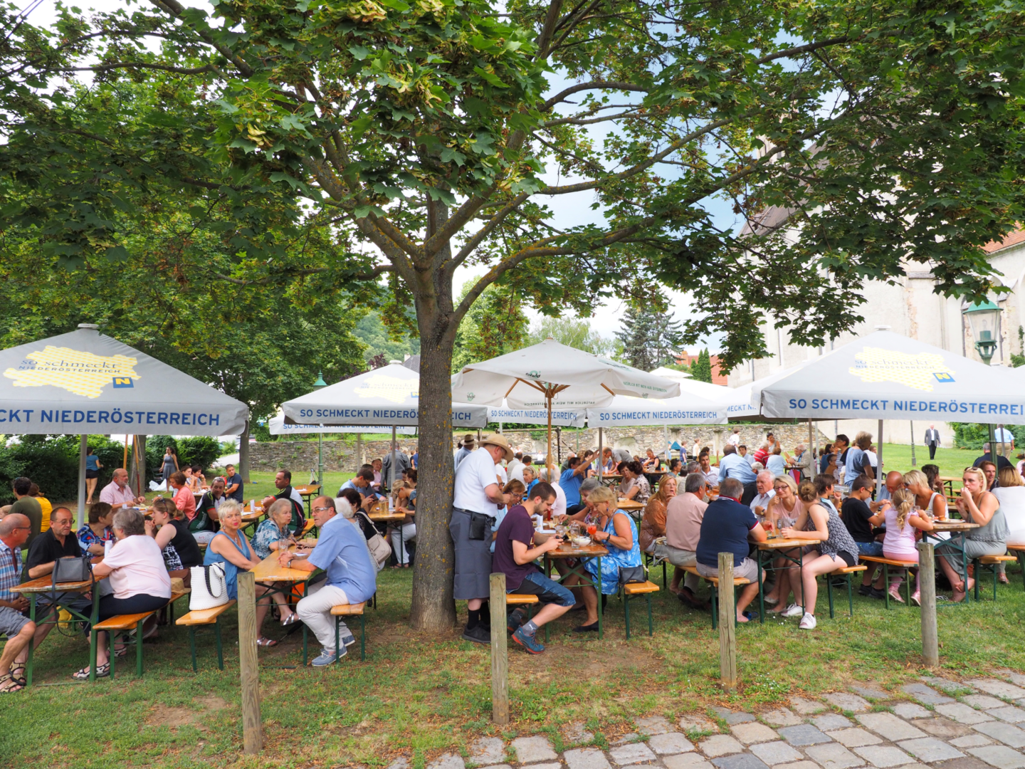 Blick auf Gelände mit Schirmen, Bierbänken- und tischen und Gästen.