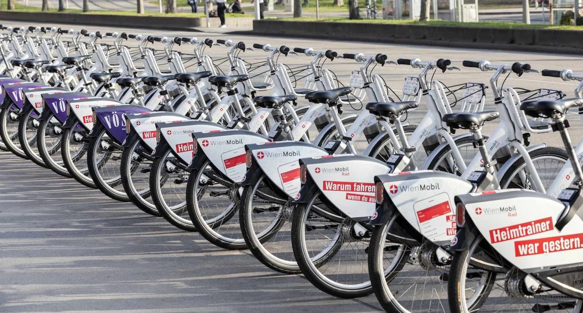 Viele nebeneinander stehende Leihräder.