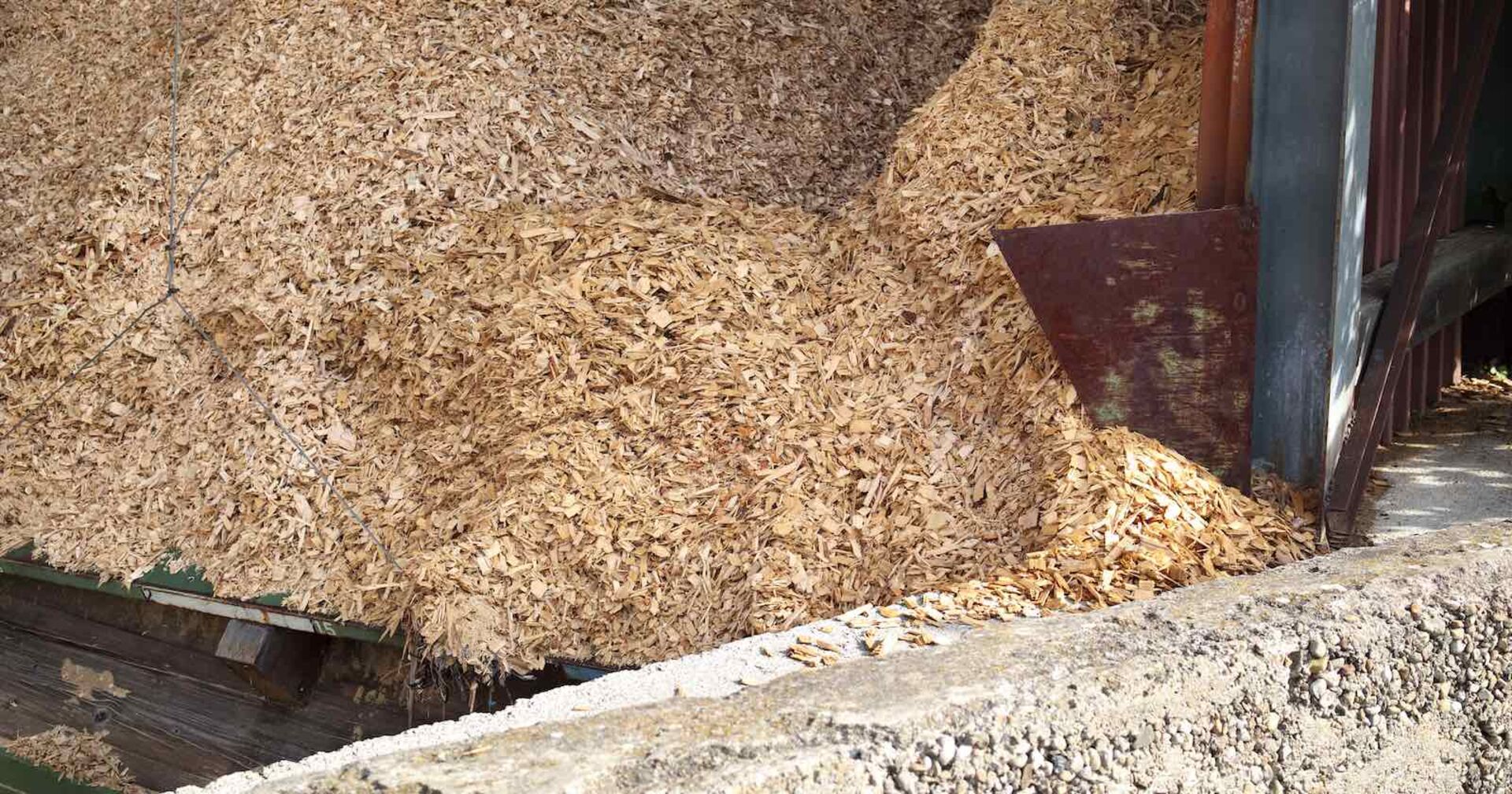 Hackschnitzel in einem landwirtschaftlichen Gebäude.