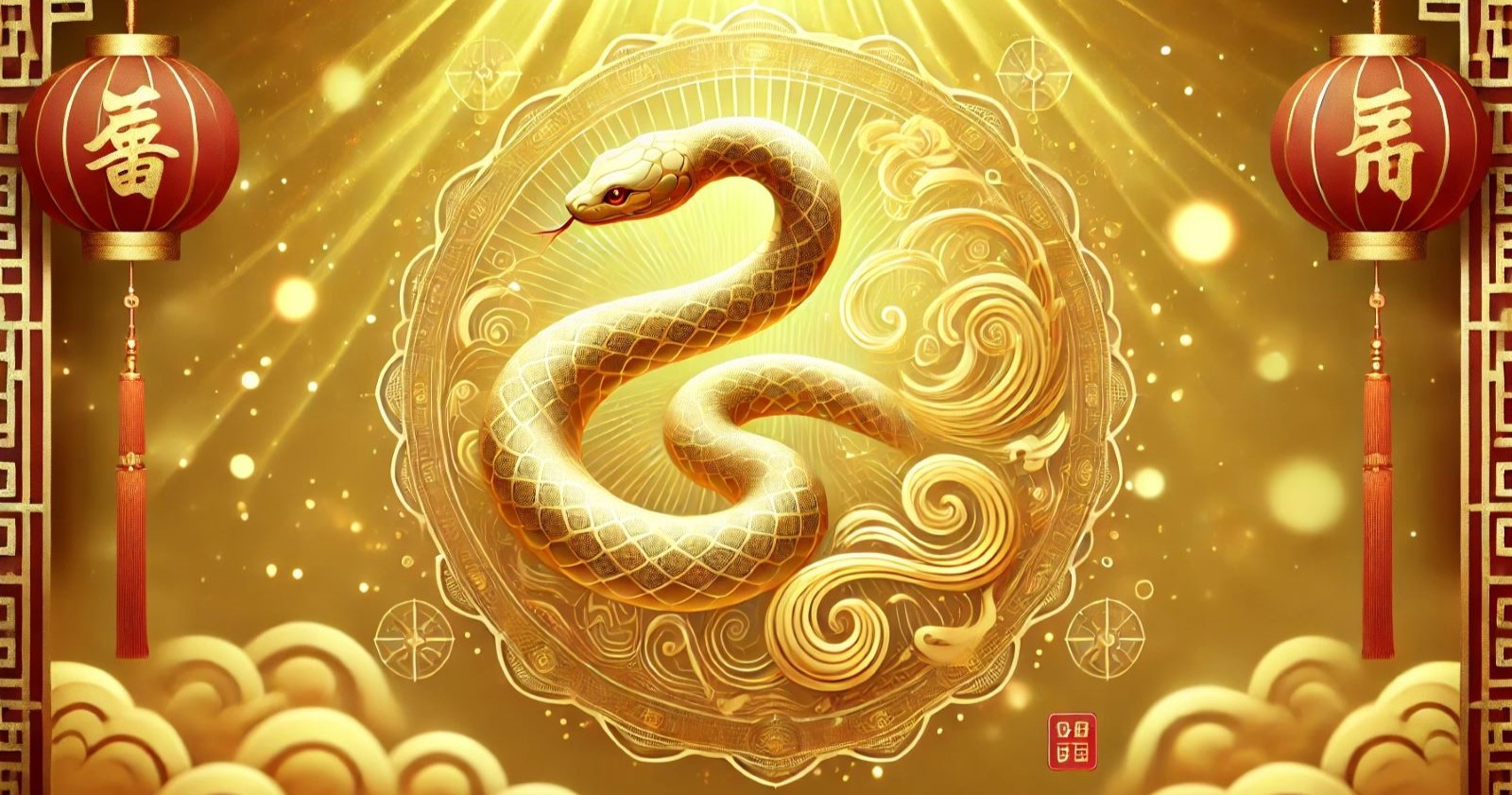 Eine stilisierte Schlange vor goldenem Grund, flankiert von chinesischen Lampions.