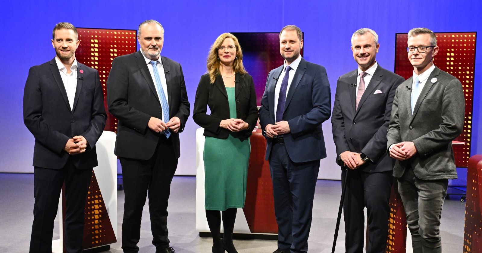 Die Spitzenkandidaten zur Burgenland-Wahl (v.l.n.r.) Christoph Schneider (NEOS), LH Hans Peter Doskozil (SPÖ), Anja Haider-Wallner (Grüne), Christian Sagartz (ÖVP), Norbert Hofer (FPÖ) und Geza Molnar (Liste Hausverstand)