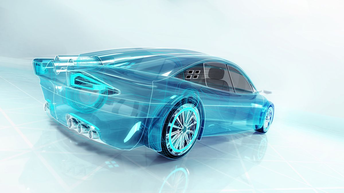 Ein blaues, futuristisch wirkendes Auto parkt auf einer weißen Fläche. Man erkennt auch das Innere das Fahrzeugs, das beleuchtet ist.