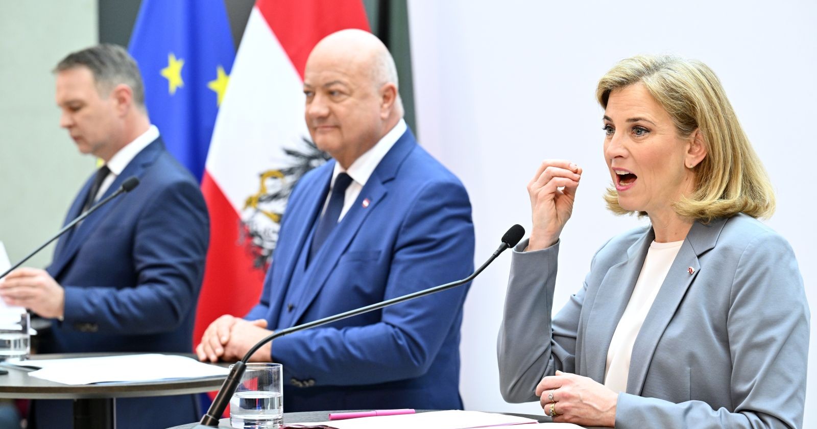 SPÖ-Chef Andreas Babler, ÖVP-Chef Christian Stocker und NEOS-Bundesparteichefin Beate Meinl-Reisinger