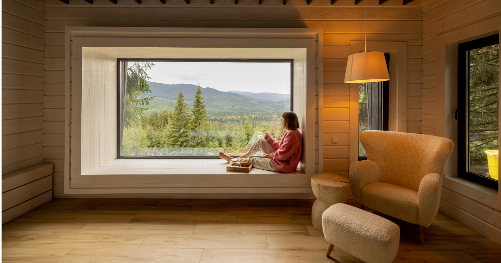 Frau sitzt an einem großen Fenster