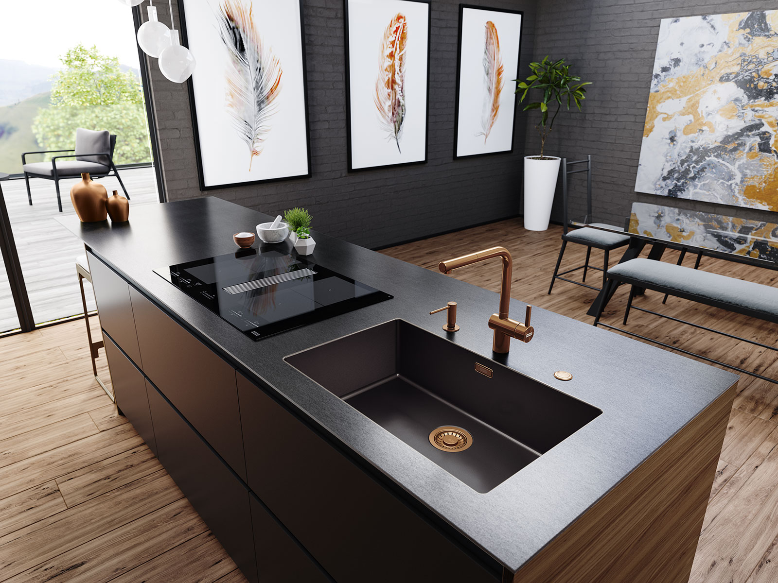 Moderne Kücheninsel mit Holz-Elementen und schwarzer Arbeitsoberfläche | Credit: XXXLutz