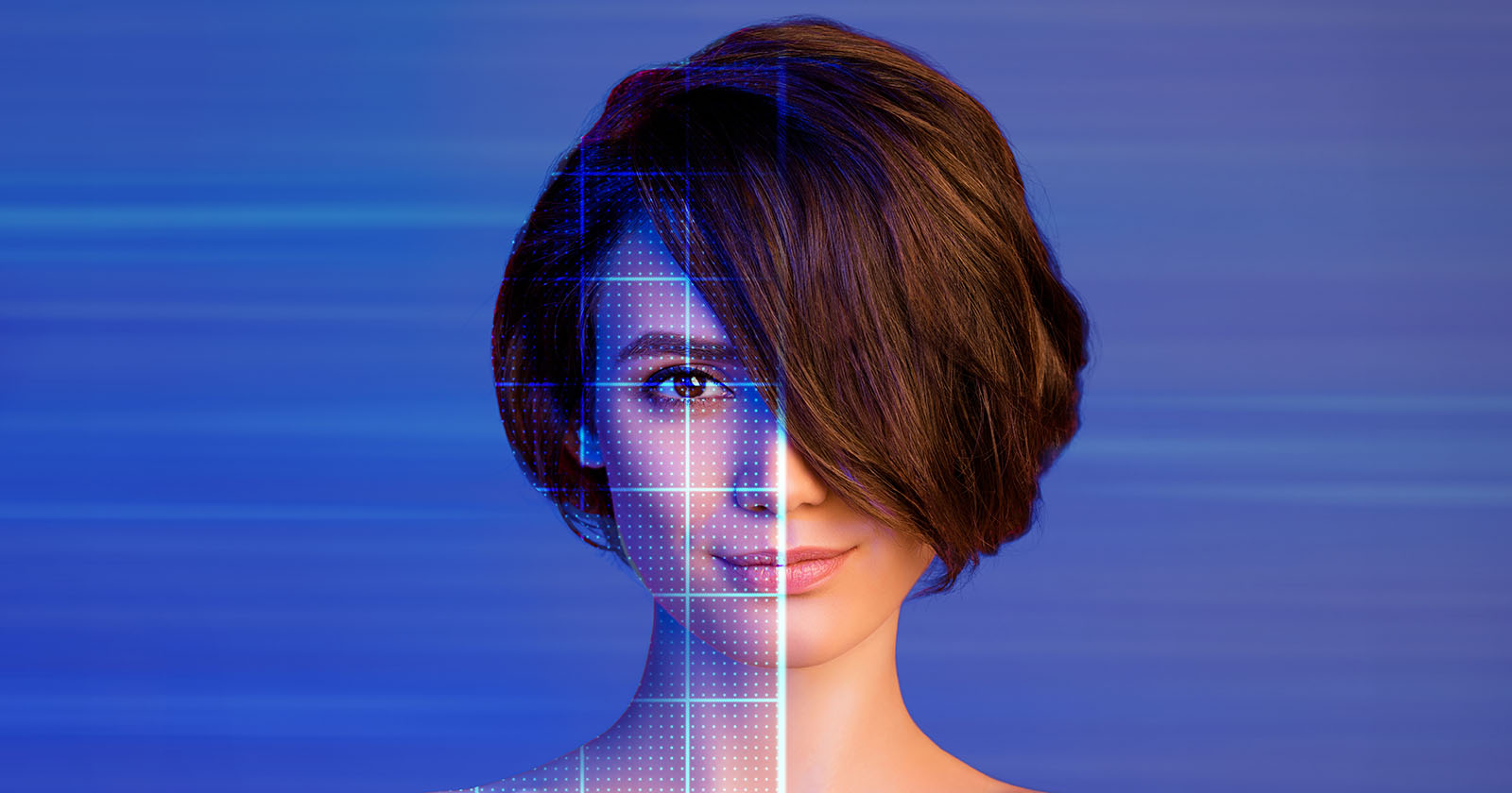 reative 3d photo artwork collage of smiling lady laser grid face identification isolated purple violet color background stock photo