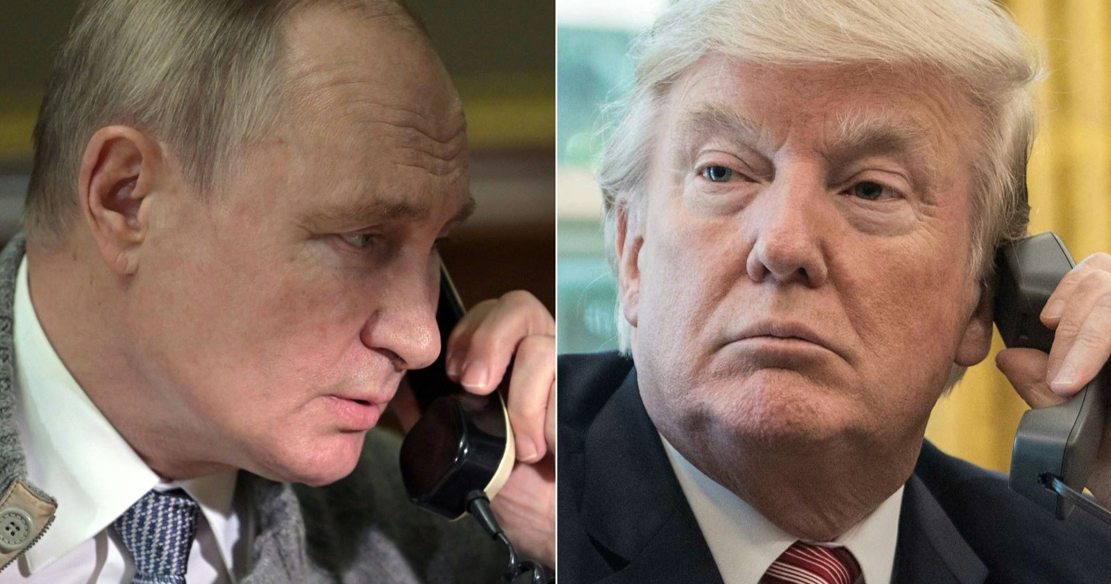 Diese am 18. März 2025 erstellte Bildkombination zeigt (v. l. n. r.) den russischen Präsidenten Wladimir Putin in Strelna bei St. Petersburg am 27. Dezember 2021 und den ehemaligen US-Präsidenten Donald Trump im Oval Office des Weißen Hauses in Washington, D.C., am 27. Juni 2017. Trump und Putin führten am Dienstag, dem 18. März 2025, ein Telefonat. Das Weiße Haus erklärte, die Gespräche über eine Waffenruhe im Zuge der Moskauer Invasion in der Ukraine verliefen „gut“.