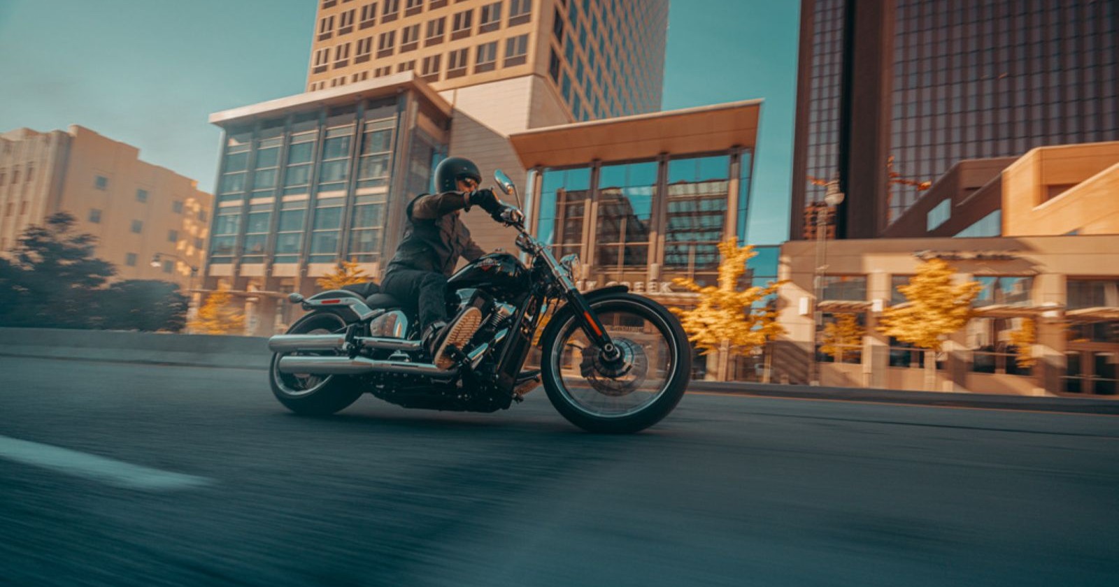 Ein Biker mit Helm sitzt auf einer Harley-Davidson. Er fährt im Zentrum einer Großstadt, im Hintergrund sind Hochhäuser zu sehen. Die Bäume im Hintergrund tragen herbstlich gefärbte Blätter, die in der Sonne gelb leuchten.