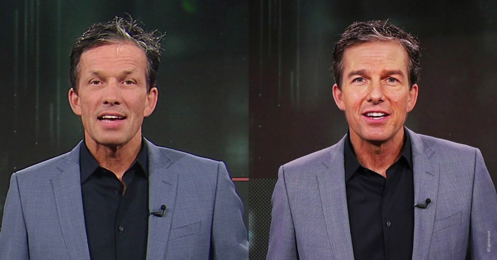 Zweigeteiltes Bild: links Akte Betrug-Moderator Martin Ferdiny, rechts Hollywoodstar Tom Cruise, beide im gleichen Gewand