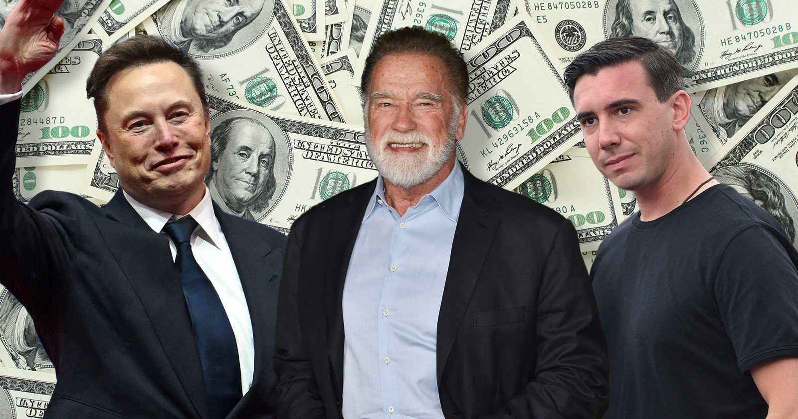Collage: Die Milliardäre Elon Musk, Arnold Schwarzenegger, Mark Mateschitz vor Geldscheinen.