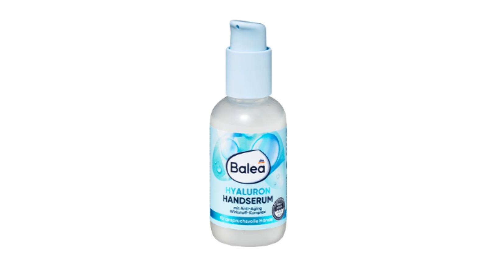 Balea Handserum Hyaluron, 75 ml; blau-weißes Fläschchen vor weißem Hintergrund