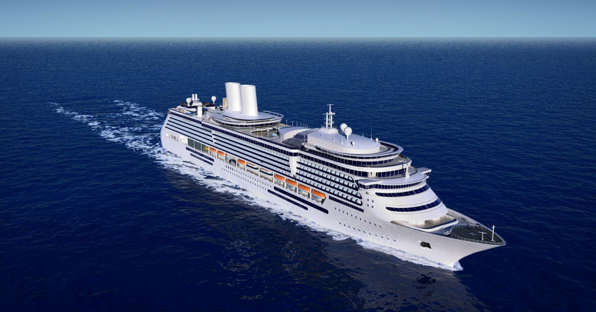 Großes weißes Kreuzfahrtschiff fährt auf ruhigem Meer unter blauem Himmel.