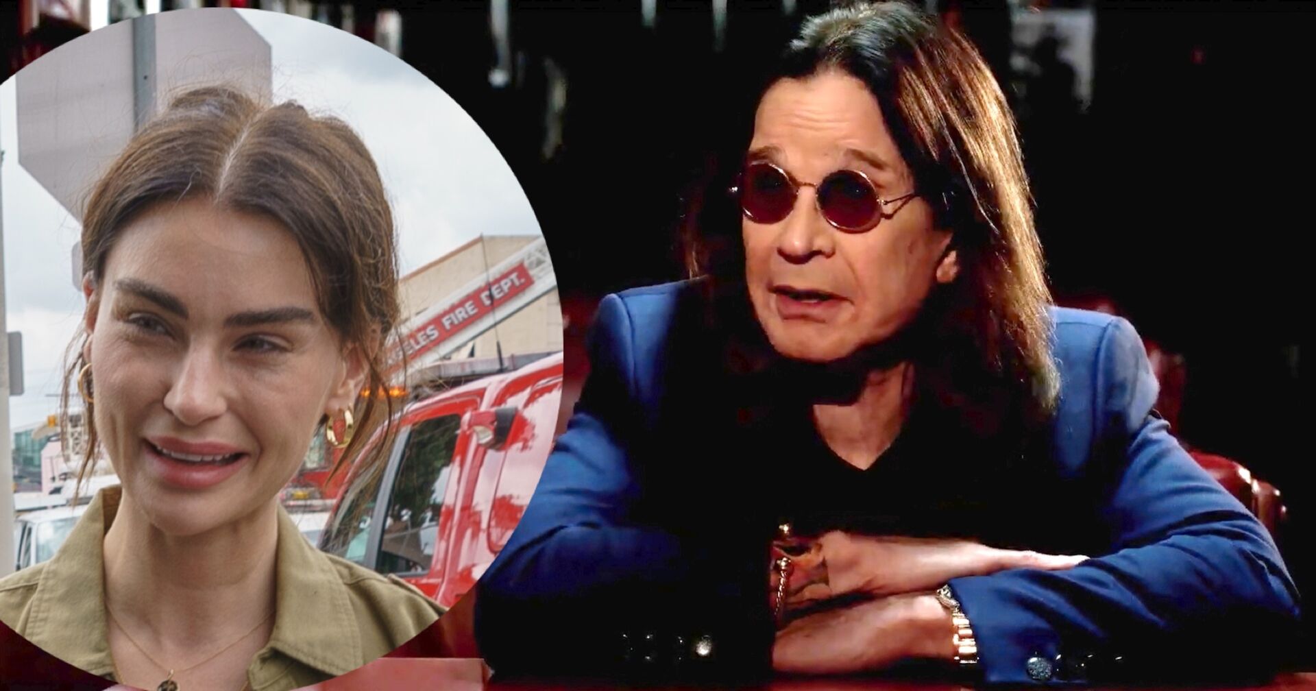 Foto-Montage: Aimee Osbourne mit zurückgebundenem Haar, goldenen Ohrringen und olivgrüner Bluse im Straßenbild; daneben Ozzy Osbourne mit langen Haaren, Sonnenbrille und blauem Sakko bei einem Interview.