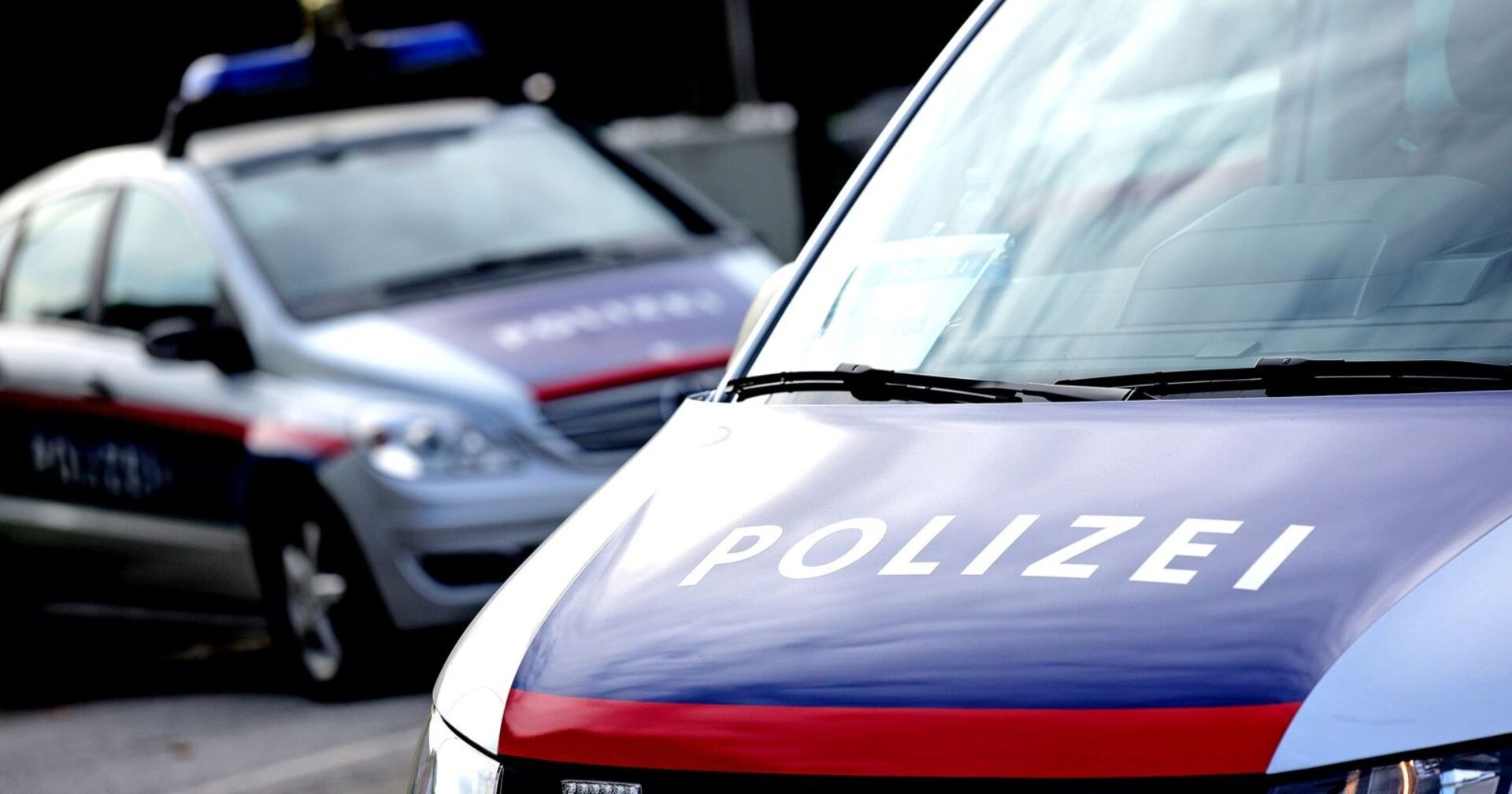 Zwei Polizeiwagen der Österreichischen Polizei stehen auf einer Straße im Tageslicht