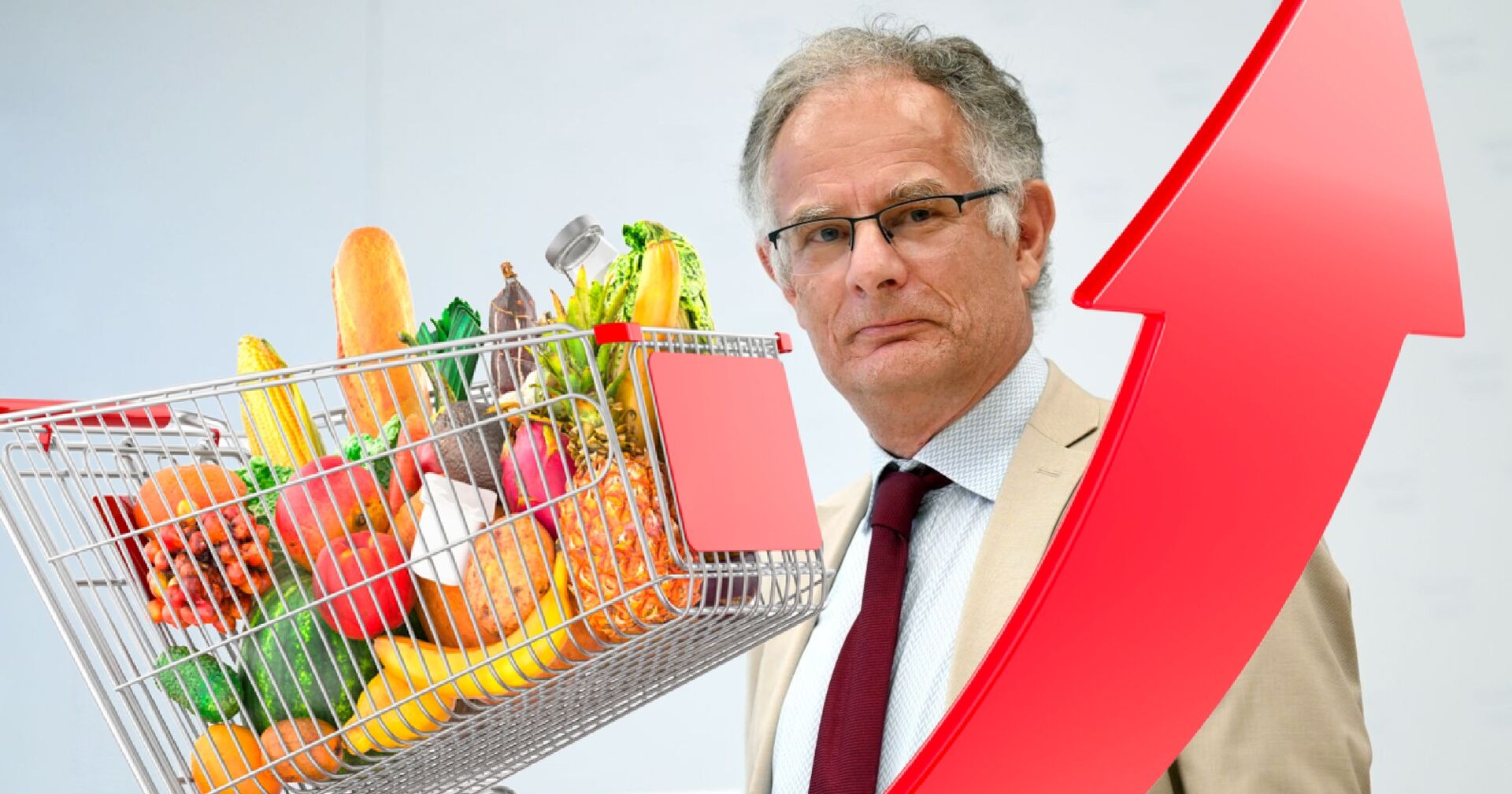 Markus Marterbauer in Anzug und Krawatte vor neutralem Hintergrund, daneben ein Einkaufswagen voller Lebensmittel und ein roter Preisanstiegs-Pfeil.