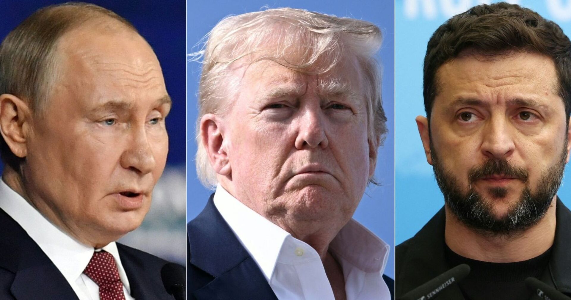 Porträtmontage von Wladimir Putin, Donald Trump und Wolodymyr Selenskyj – drei zentrale Akteure im Ukraine-Konflikt.