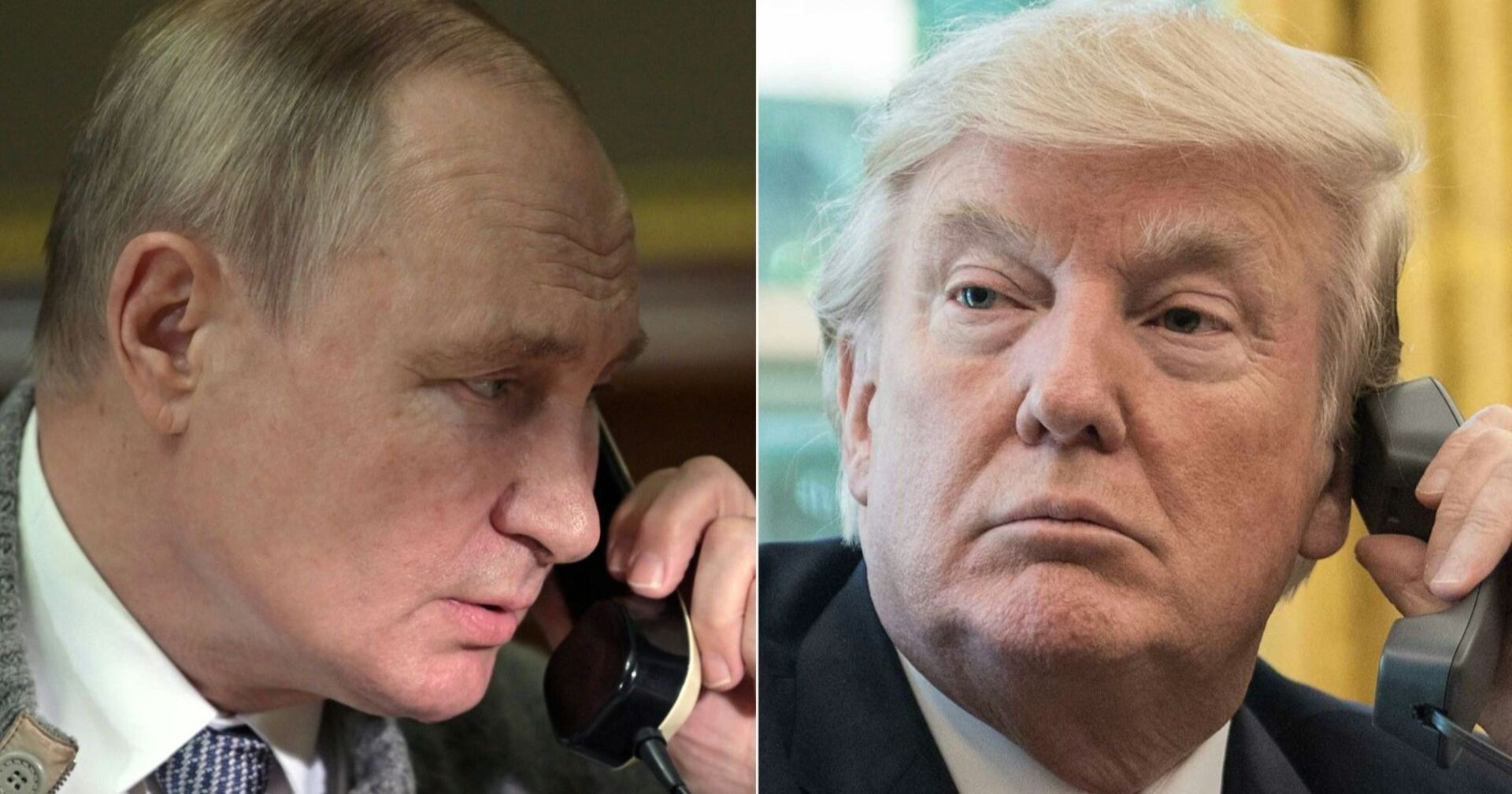 Geteiltes Bild: Links ist Wladimir Putin mit einem Telefonhörer am Ohr zu sehen, rechts Donald Trump in ähnlicher Pose. Beide blicken ernst, die Fotos wirken wie aus einem gleichzeitig geführten Telefonat.