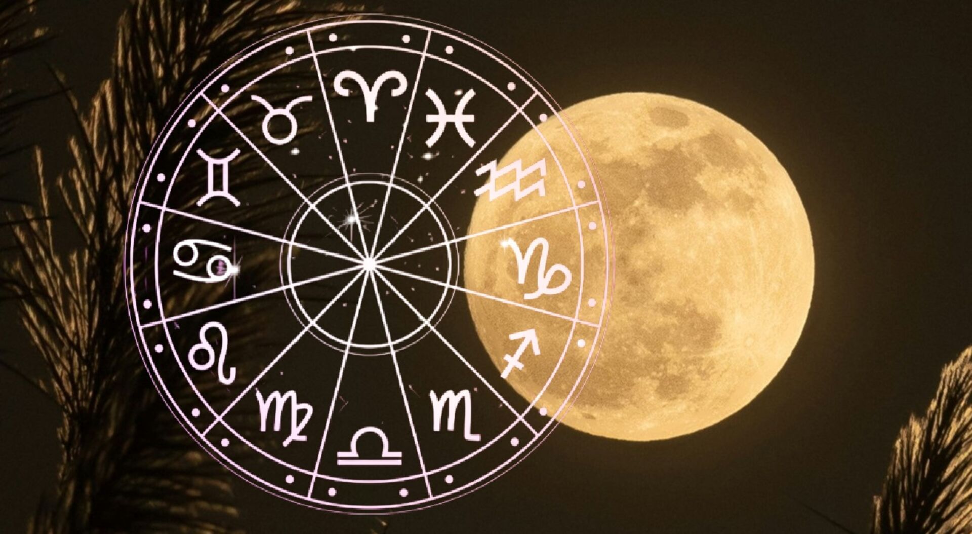 Vollmond am Nachthimmel mit eingeblendetem astrologischem Tierkreis; die Sternzeichen-Symbole umkreisen das Zentrum, der Mond leuchtet im Hintergrund.