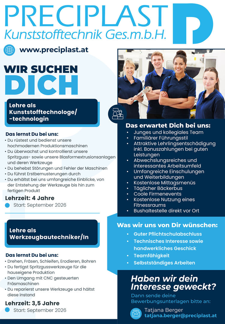 Plakat mit dem Aufruf, sich um eine Lehrstelle zu bewerben | Credit: Preciplast
