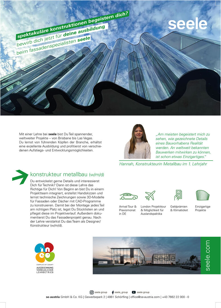 Plakat mit einem Aufruf, sich für eine Stelle beim Fassadenspezialitäten seele Austria zu bewerben | Credit: se-austria/Studio Olaf Becker