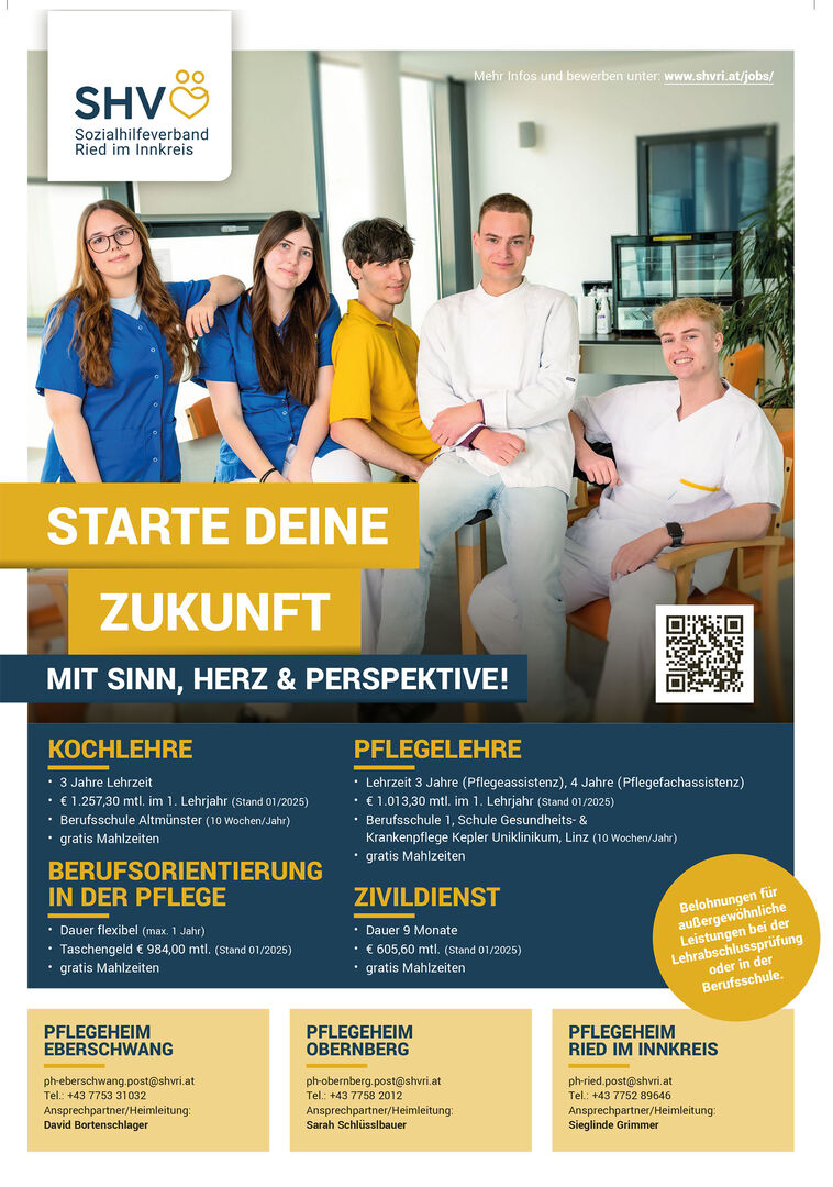 Aufruf, sich für eine Lehrstelle in der Pflege beim SHV Ried zu bewerben | Credit: SHV Ried
