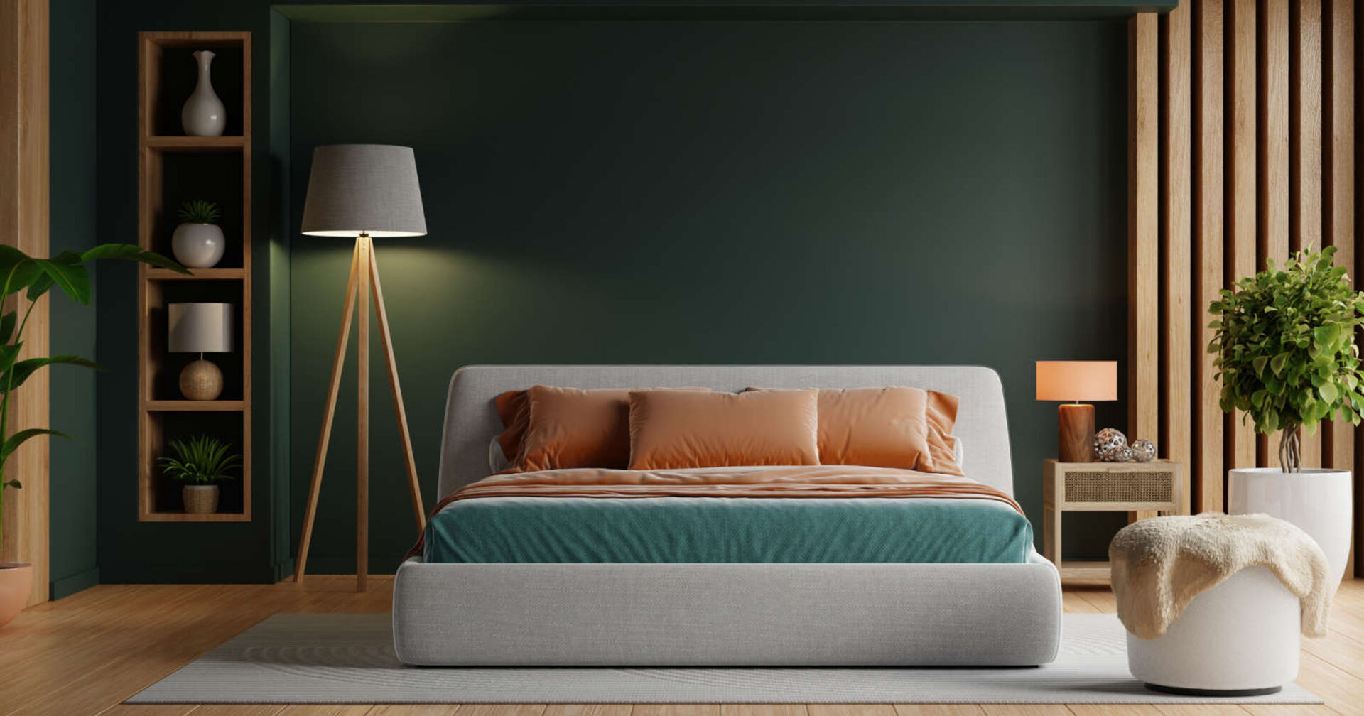 Ein Bett mit grünem Hintergrund