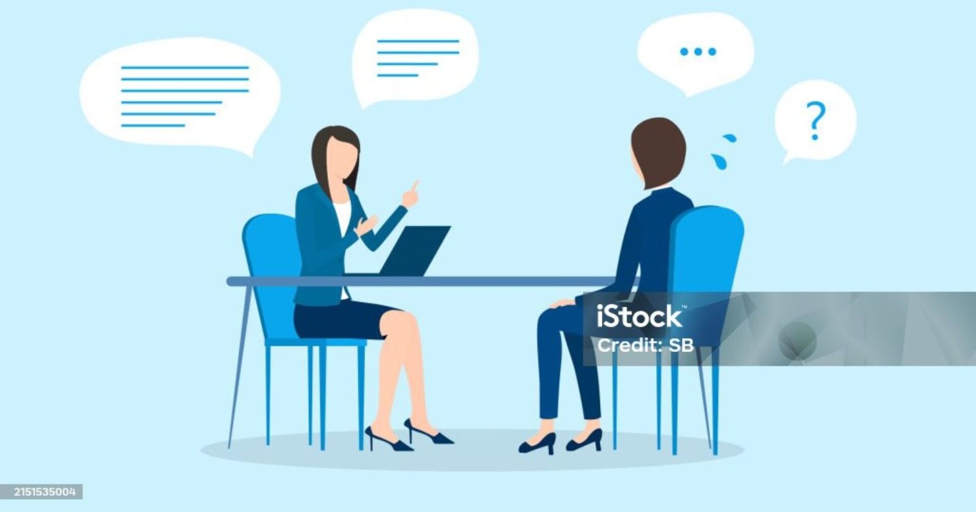 Ein Comic zeigt ein Beratungsgespräch zwischen zwei Frauen. Die eine ist mit einem Rock bekleidet, vor ihr steht ein Laptop. Die andere trägt einen Hosenanzug und stellt Fragen. Beide sitzen auf blauen Stühlen, zwischen ihnen befindet sich ein Tisch.