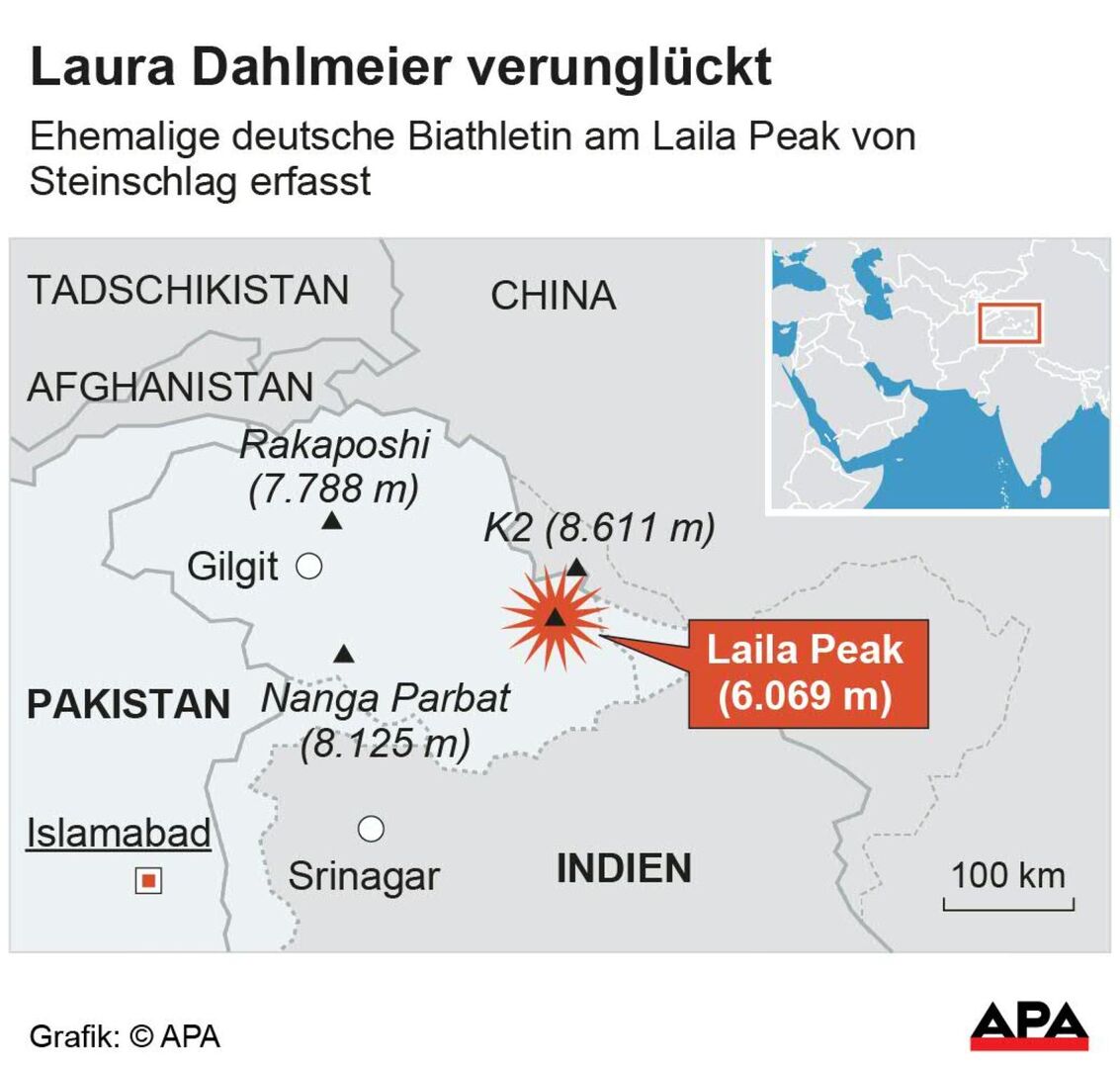 Karte mit Laila Peak im Karakorum-Gebirge, Unfallort von Laura Dahlmeier beim tödlichen Bergunfall in Pakistan 2025