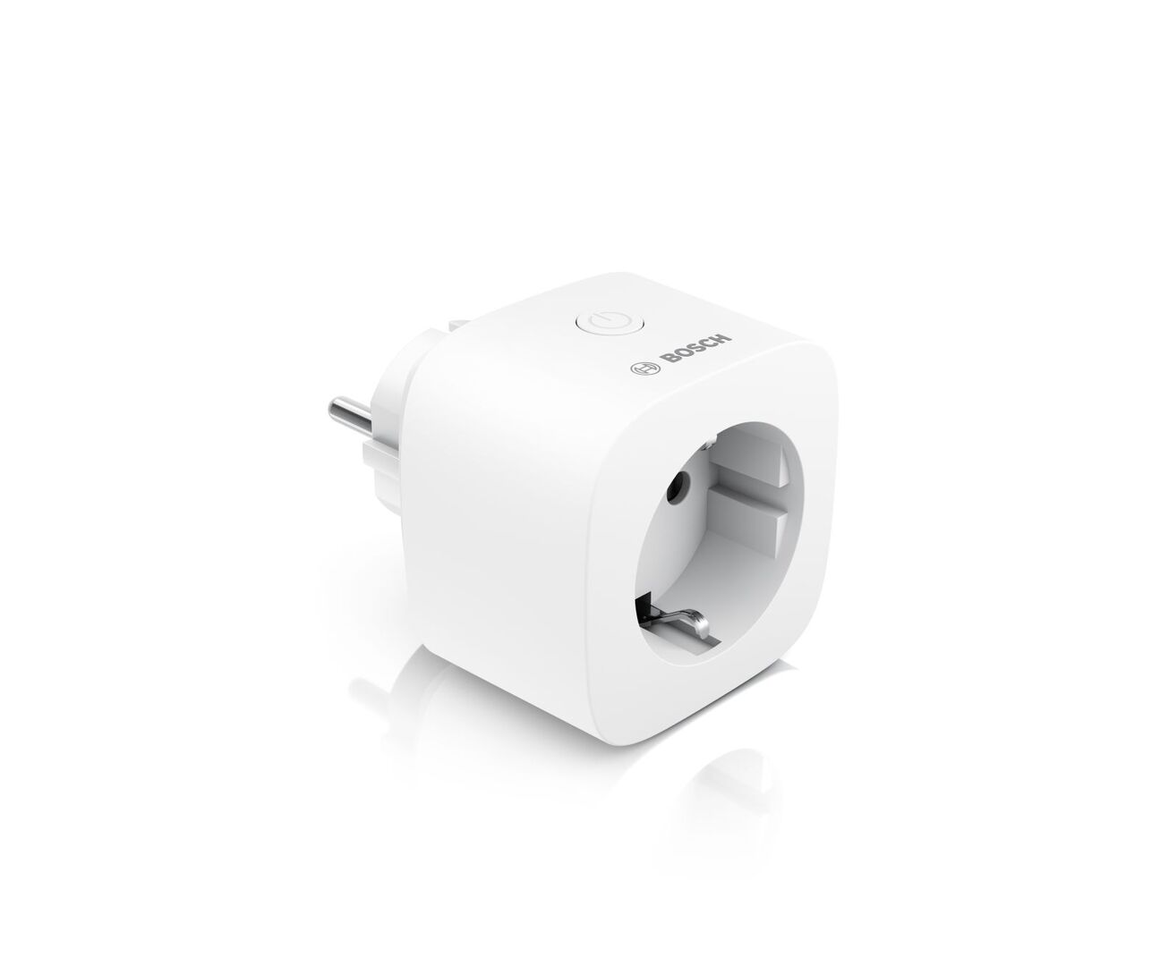 Weißer Bosch Smart Home Zwischenstecker kompakt [+M] mit Schuko-Anschluss, On/Off-Taste und integriertem Energiemess- sowie Funknetz-Verstärkungsmodul