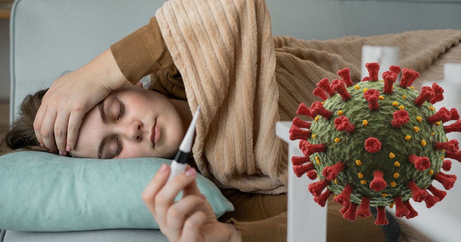 Frau liegt krank mit Thermometer im Bett, Symbolbild für Infektion mit der Corona-Variante XFG „Stratus“.