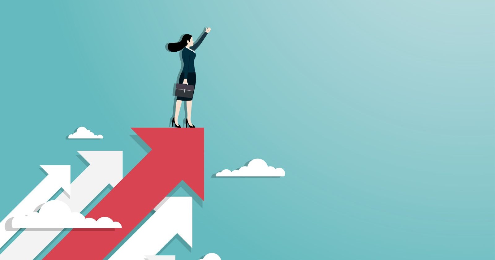 Cartoon-Frau steht auf einem Pfeil und deutet mit der Hand nach oben.