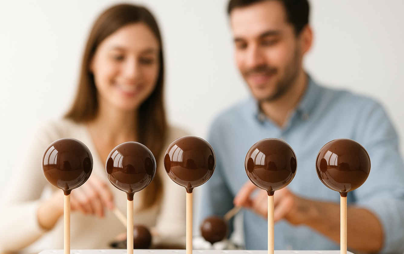 Zwei Menschen, die Mozartkugeln machen