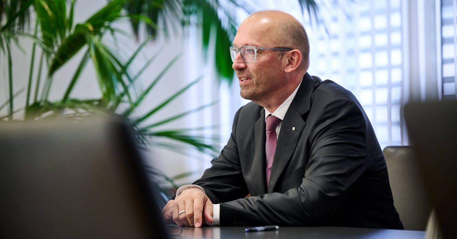 Reinhard Schwendtbauer, Generaldirektor und Vorstandsvorsitzende der Raiffeisen-landesbank OÖ sitzt an einem Schreibtisch. Er trägt einen dunklen Anzug, eine hellrote Krawatte und Brille. Im Hintergrund ist eine Zimmerpalme zu sehen.