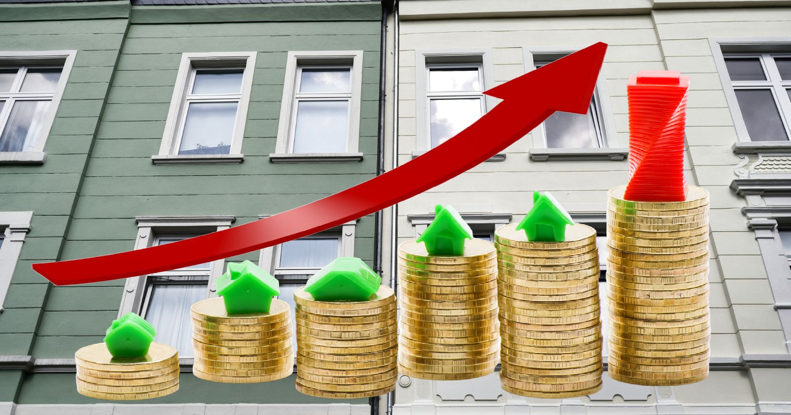 Symbolbild steigende Mietpreise: Münzstapel mit Häusern und rotem Aufwärtspfeil vor Wohnhausfassaden als Darstellung der Mietkostenentwicklung 2025 in Österreich.