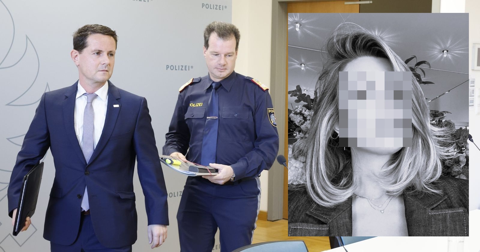 Ermittler der Landespolizeidirektion Steiermark bei der Pressekonferenz am Sonntag. Rechts im Bild eine verpixelte Aufnahme der getöteten Grazer Influencerin Stefanie P.