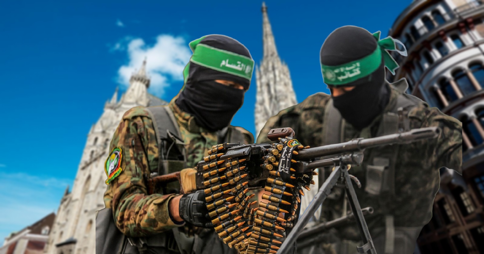Zwei maskierte Hamas-Kämpfer mit Maschinengewehr und Munitionsgurt, im Hintergrund der Stephansdom in Wien als Symbolbild für die Terrorermittlungen.