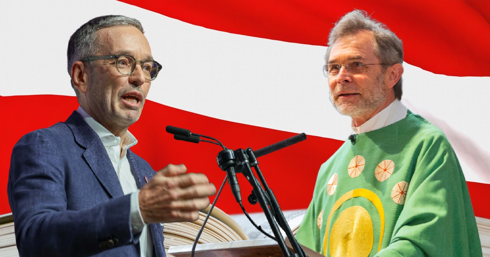 Herbert Kickl und Josef Grünwidl sprechen jeweils an einem Rednerpult vor einer rot-weiß-roten Hintergrundfläche – Symbolbild für die öffentliche Debatte rund um Spruch und Unspruch des Jahres 2025 in Österreich.