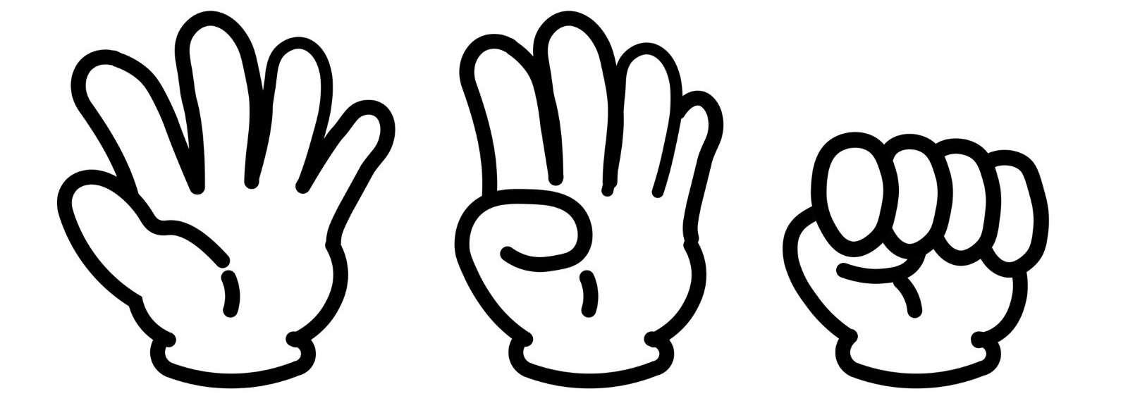Drei gezeichnete Hände zeigen Schritt für Schritt das SOS-Zeichen: offene Handfläche, Daumen einklappen, Finger darüber schließen.