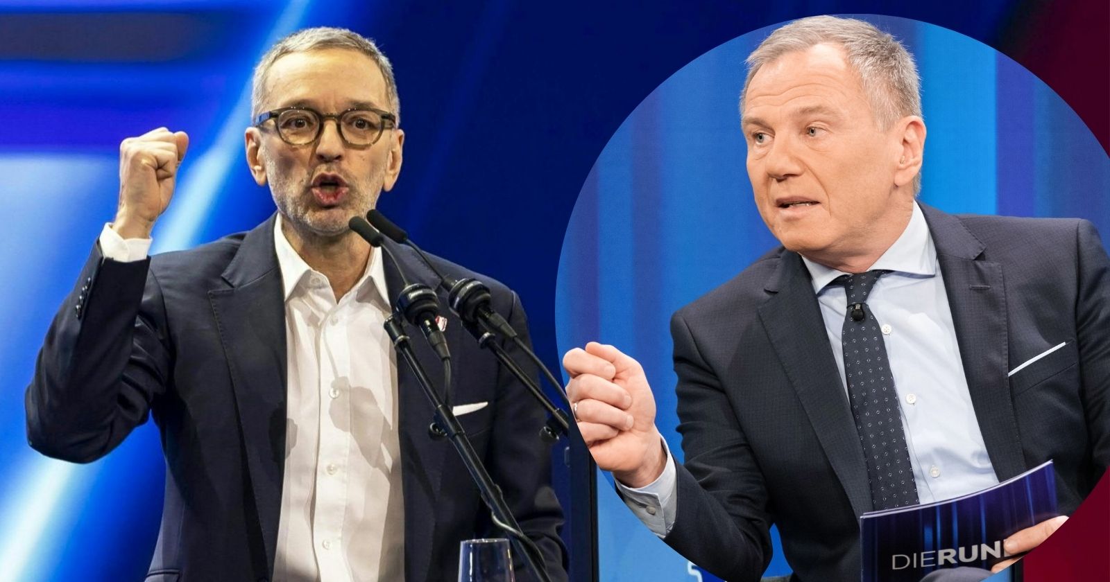 Herbert Kickl spricht bei einer Rede mit erhobener Faust, Armin Wolf sitzt im Fernsehstudio mit Moderationskarte – Symbolbild für den Konflikt zwischen FPÖ und ORF.