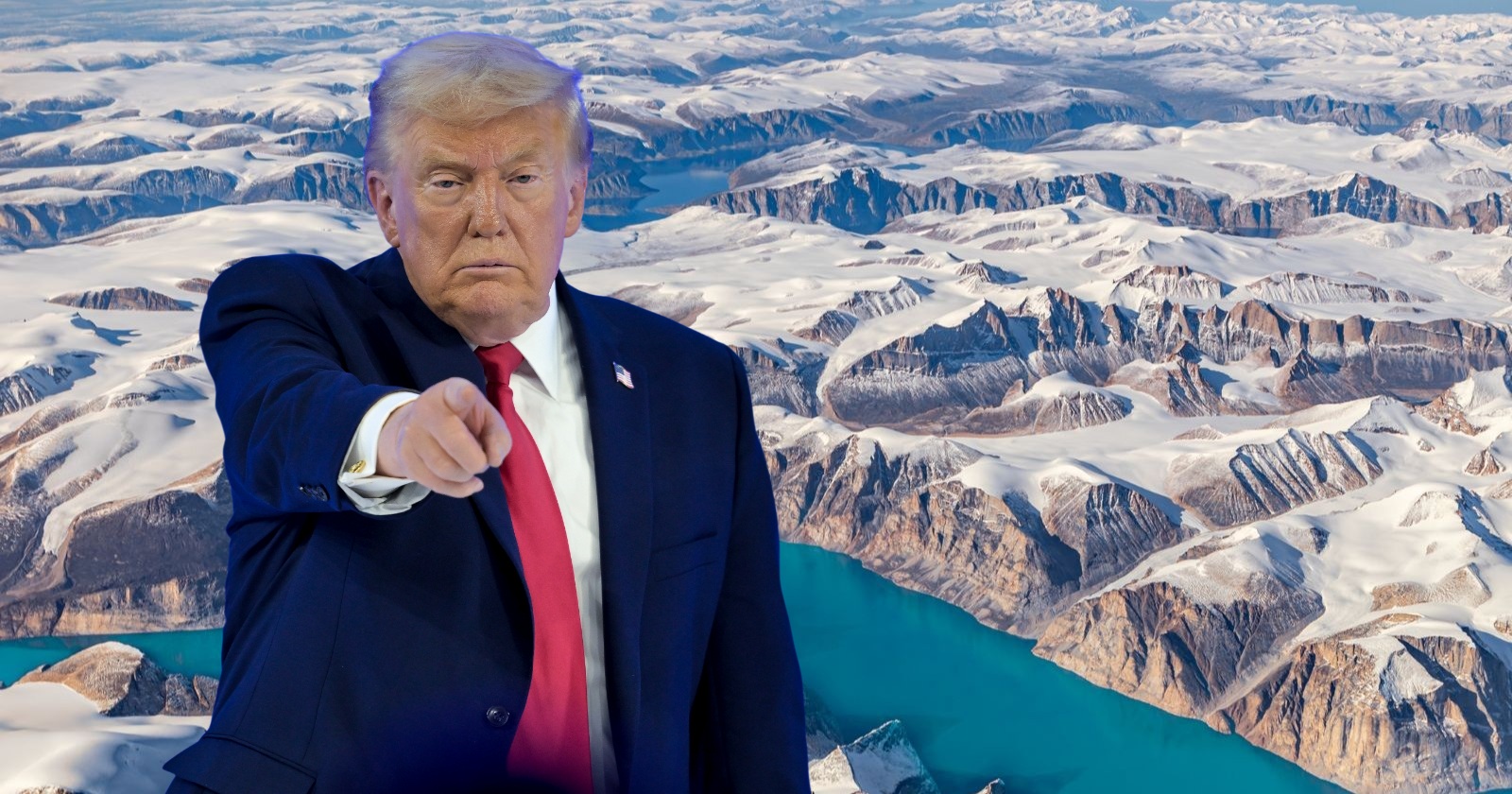 US-Präsident Donald Trump zeigt mit dem Finger vor einer arktischen Landschaft, die Grönland symbolisiert.