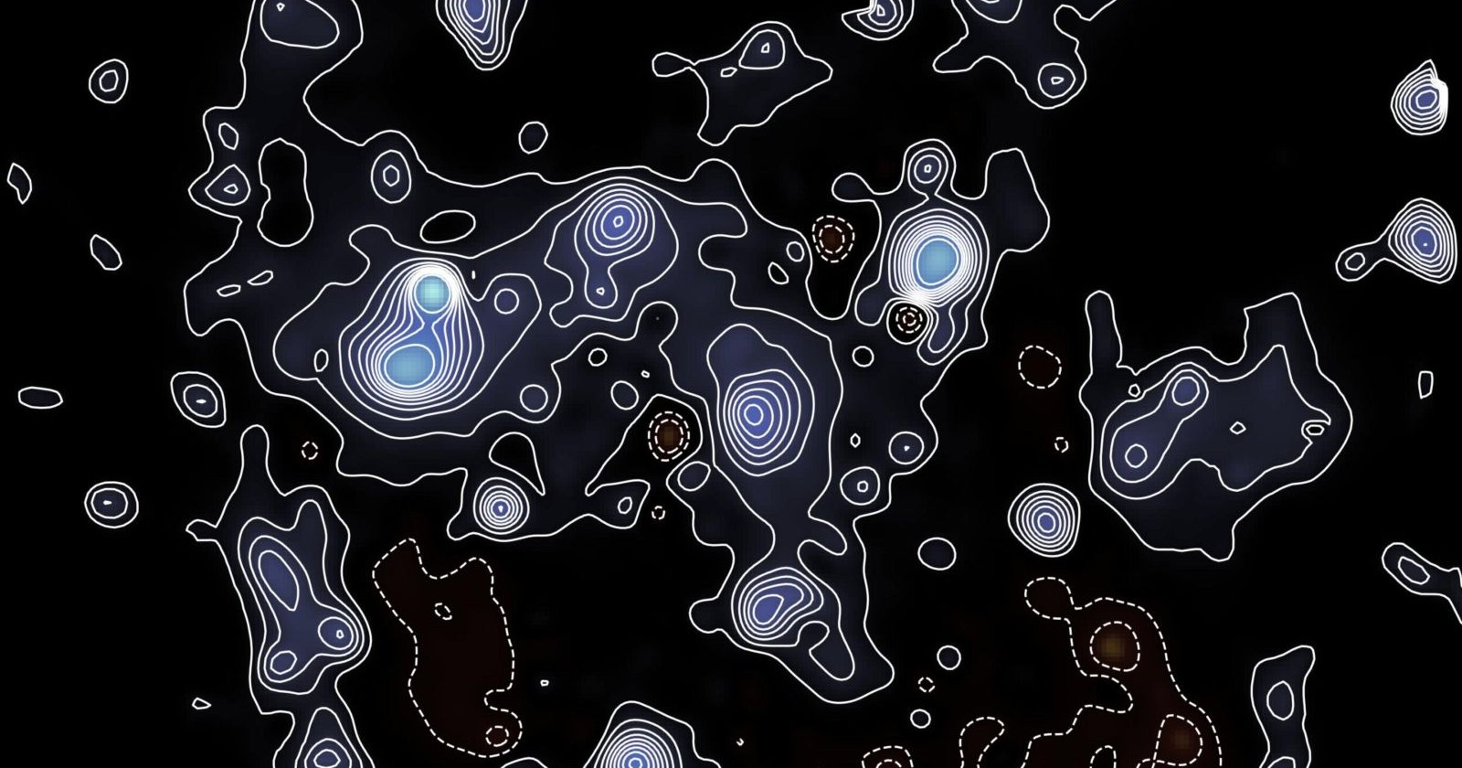 Karte der Dunklen Materie erstellt mit dem James-Webb-Teleskop – zeigt die Dichteverteilung im COSMOS-Feld und die blauen Zonen mit höchster Konzentration Dunkler Materie.