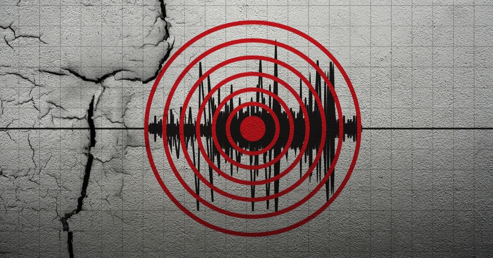 Grafische Darstellung seismischer Wellen mit roten Kreisen und Rissmuster – Symbolbild für ein Erdbeben in Italien.