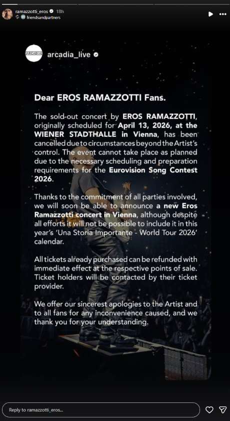 Eros Ramazotti Instagram/Eros Ramazotti hat sein Konzert in der Stadthalle abgesagt