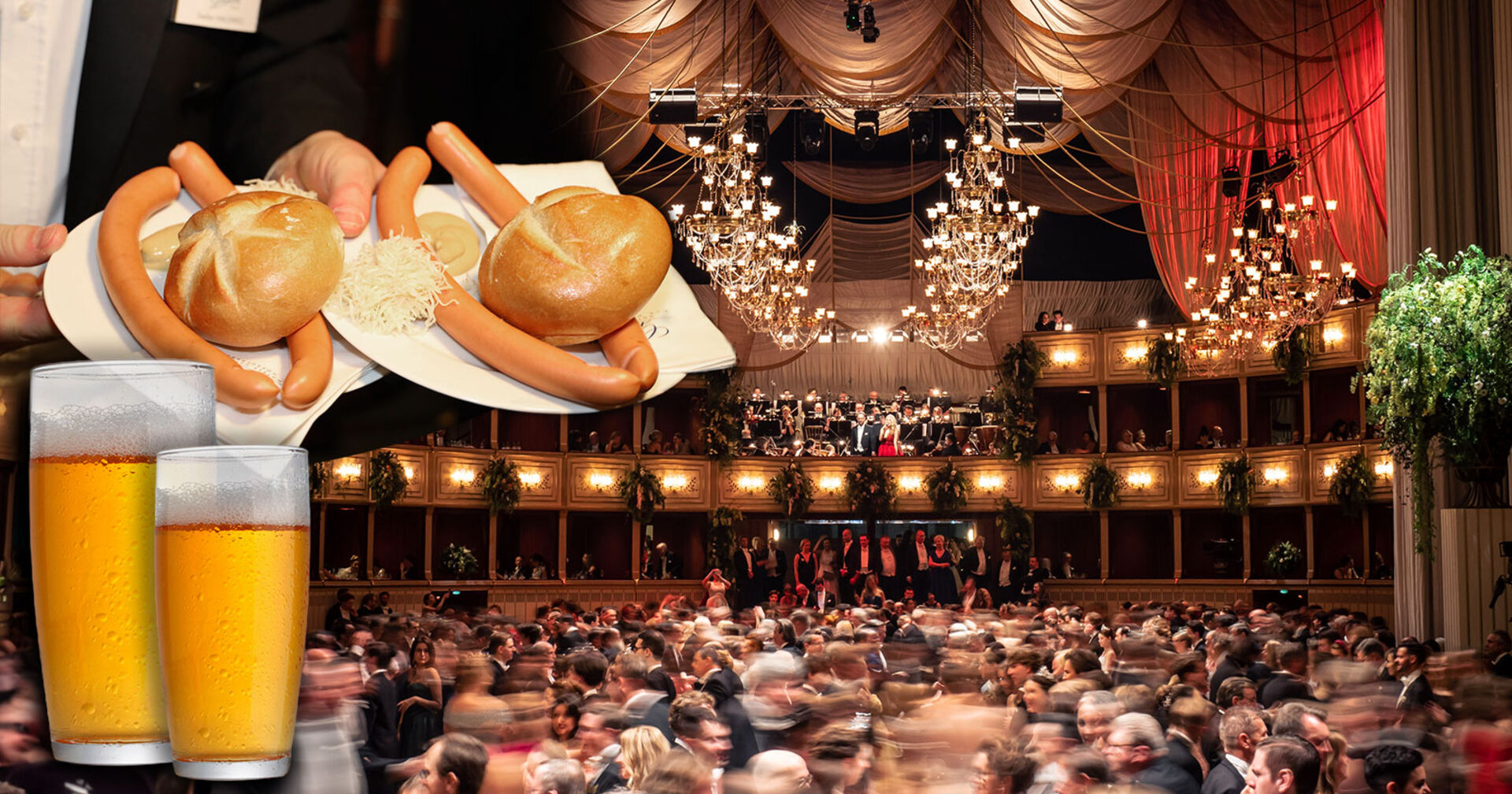 Teller mit Opernball-Würsteln, Semmel und Senf vor dem festlich geschmückten Ballsaal der Wiener Staatsoper mit Publikum und Kronleuchtern.