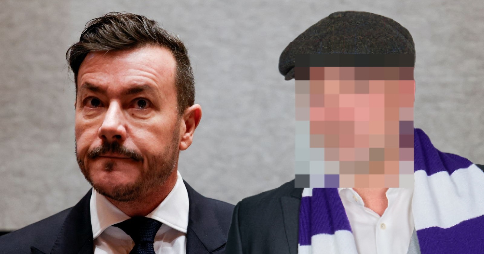 Thomas Stipsits mit verpixeltem gesicht in Anzug und Krawatte während eines öffentlichen Auftritts – er spielt im Dokudrama „Benko – Size does matter“ den umstrittenen Immobilienmogul René Benko, links im Portät.