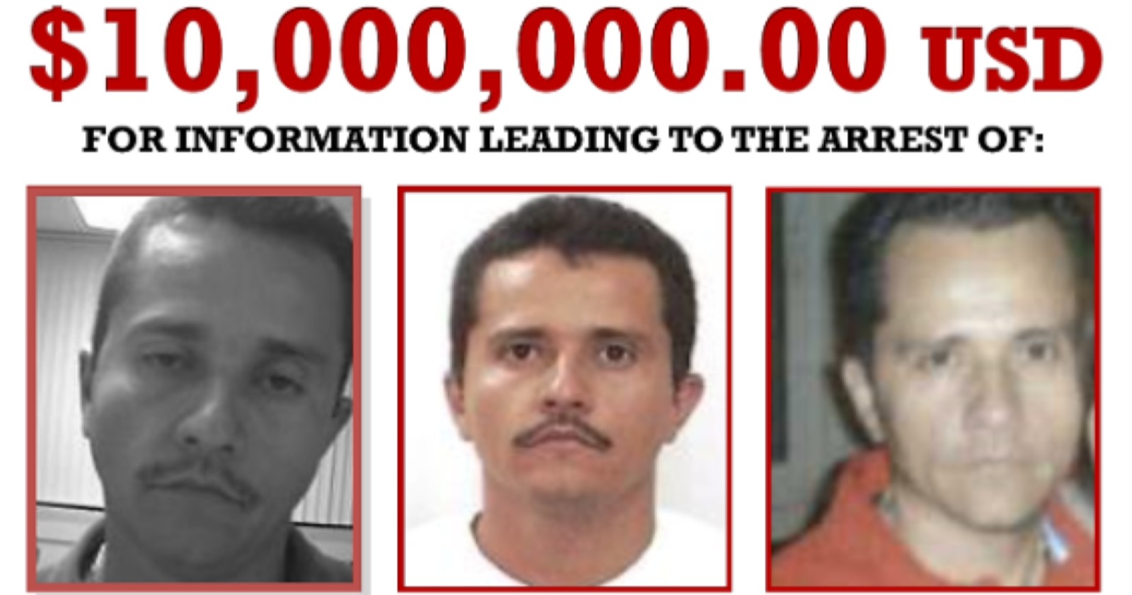 Fahndungsplakat der DEA mit drei Fotos von Nemesio Oseguera Cervantes, bekannt als El Mencho, und dem Hinweis auf eine Belohnung von 10 Millionen US-Dollar.